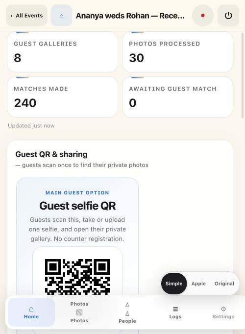 The event home showing guest QR and live photo totals