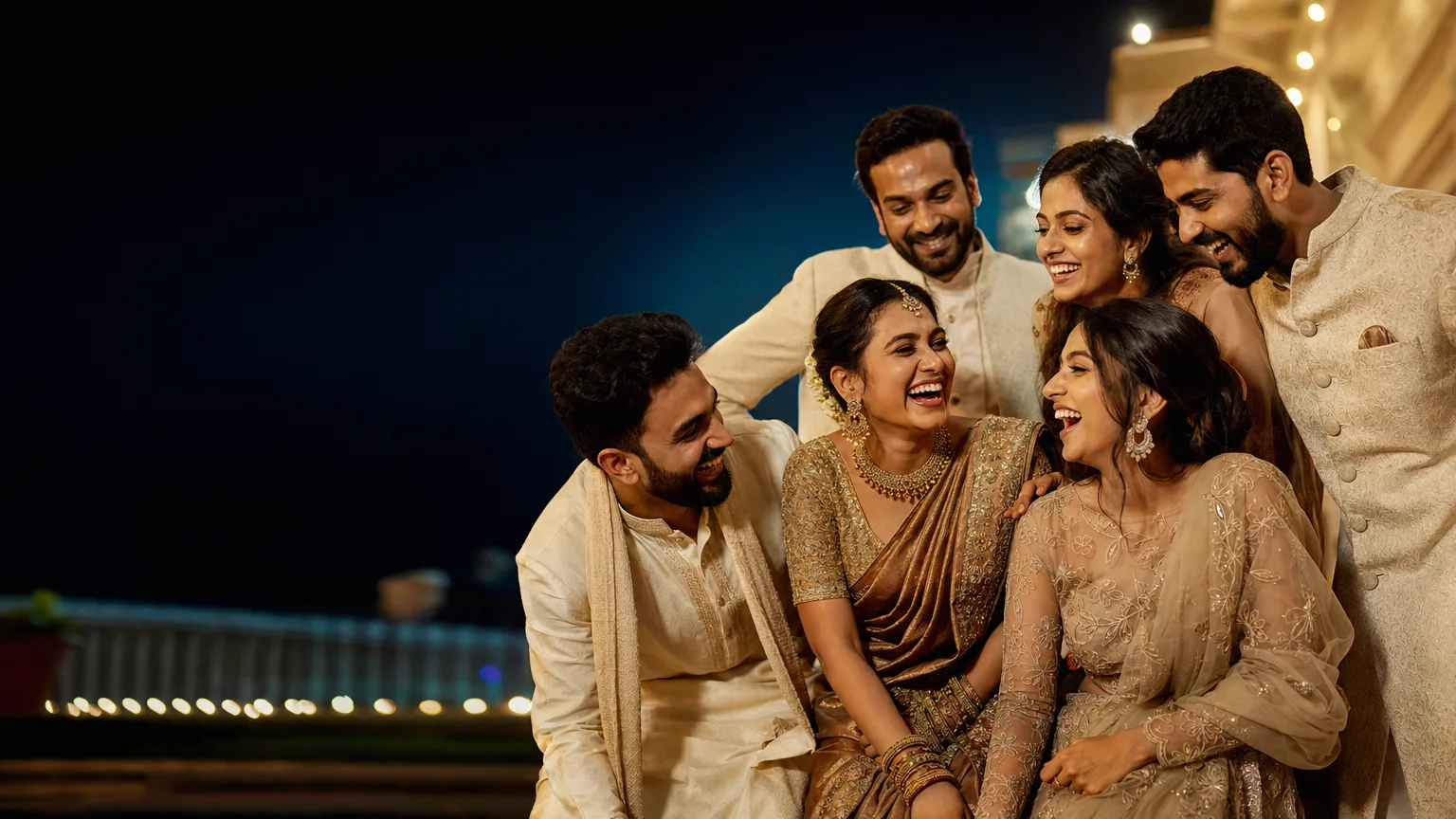 A joyful group of guests together at an Indian wedding reception